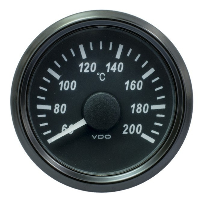 VDO SingleViu Cylinder Temperature 200°C Black 52mm Amber Lighted w Red Pointer gauge
